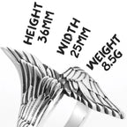 Silver winged ring with measurements on a white background