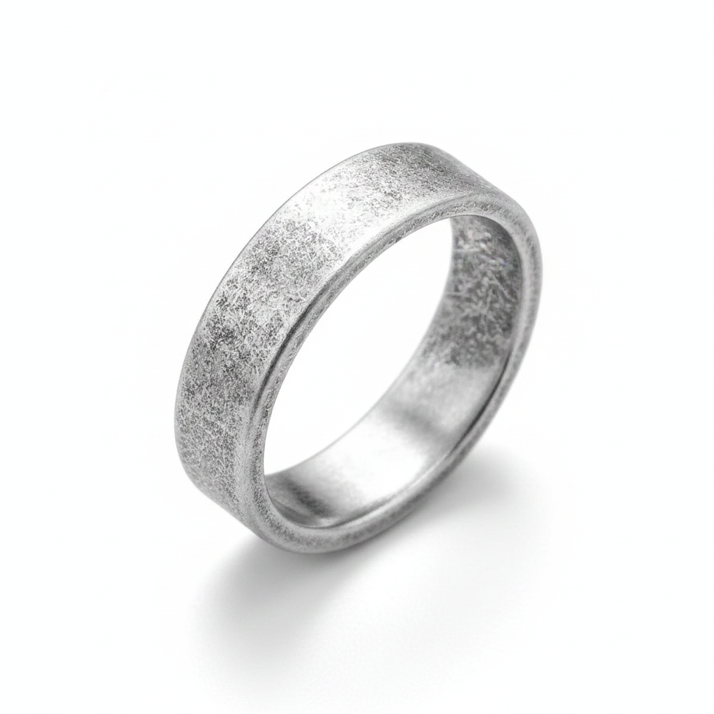 Silver ring with a textured surface on a white background