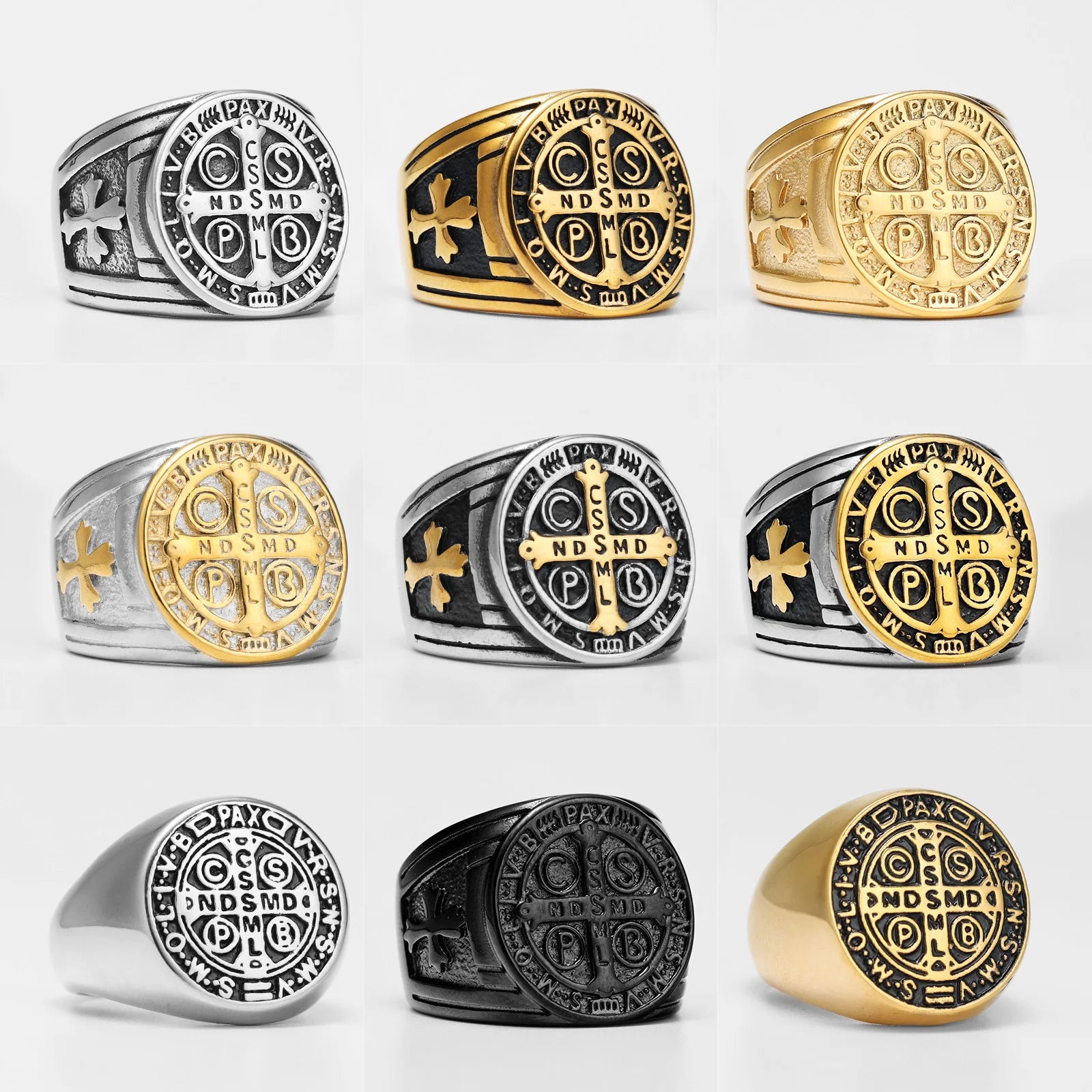Collection of various rings with different designs on a white background
