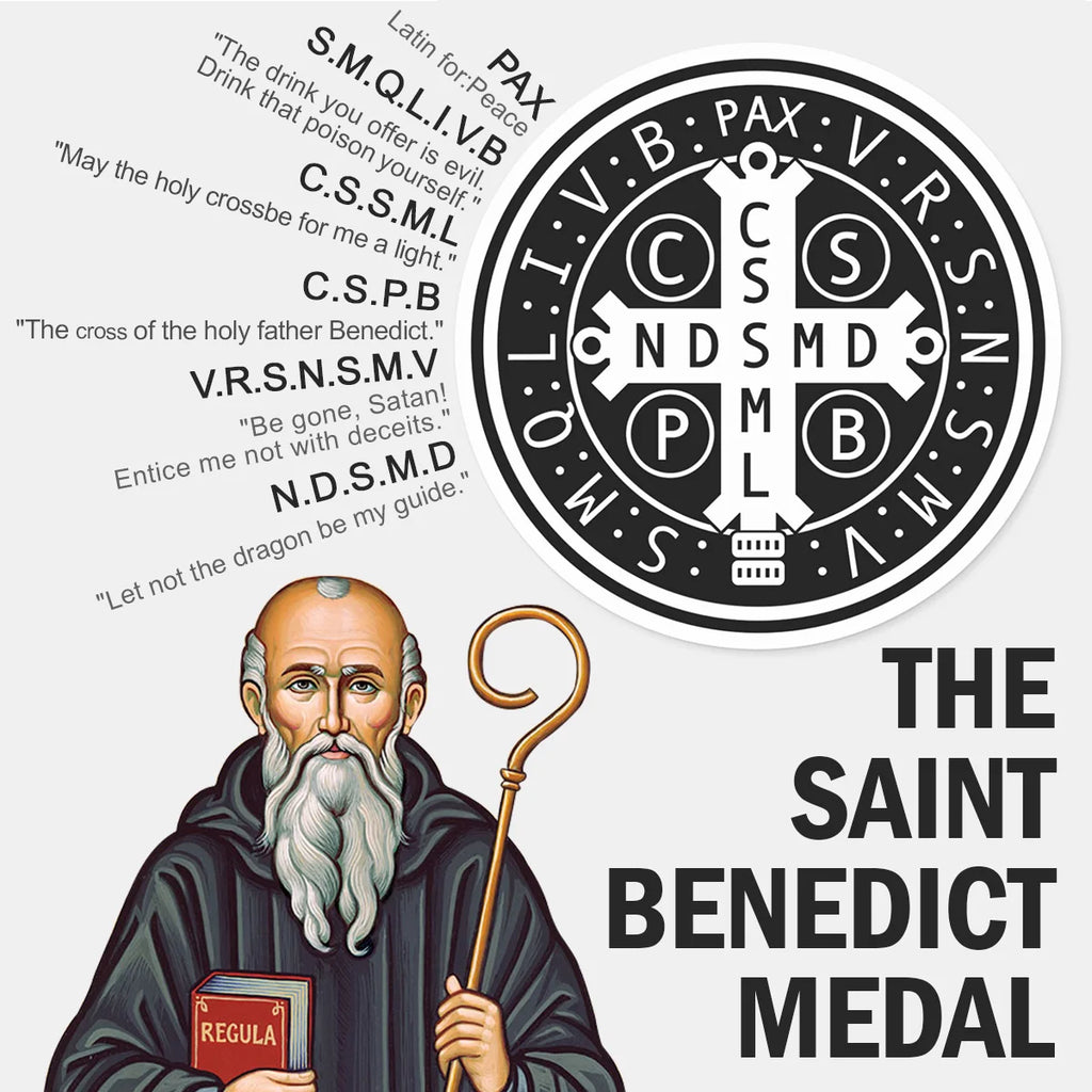 Saint Benedict with a staff and a medal, featuring religious text and symbols on a white background.
