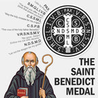 Saint Benedict with a staff and a medal, featuring religious text and symbols on a white background.