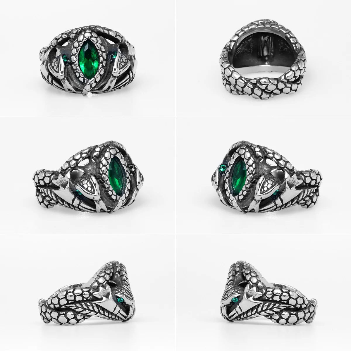Silver rings with green gemstones on a white background