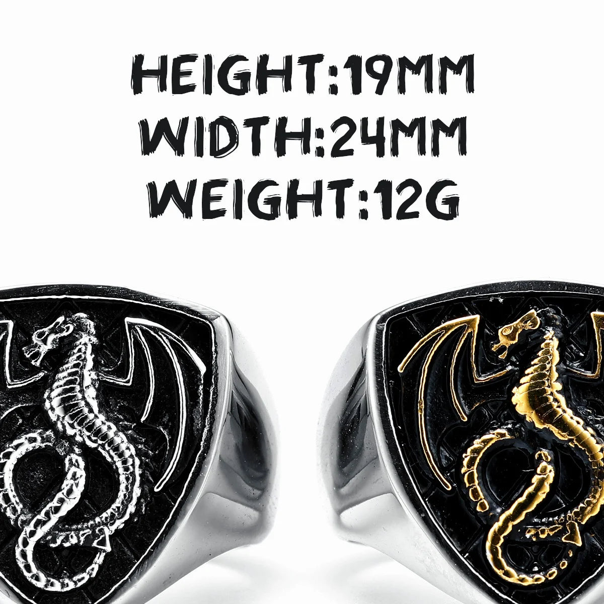 Two dragon-themed rings with size and weight information displayed.