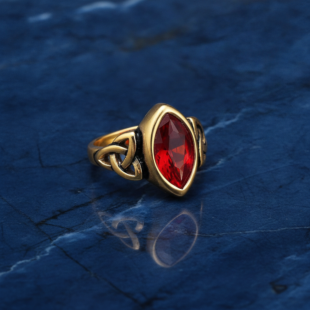 Gold elven styled ring with a red gemstone on a blue marble background