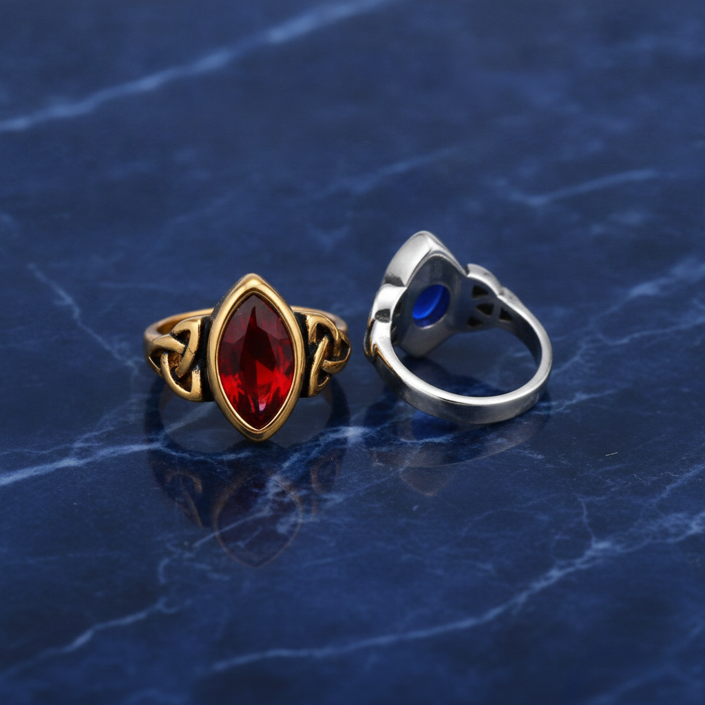 Two rings, one gold and one silver, with gemstones on a blue marble background