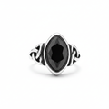 Silver elven themed ring with a black gemstone on a white background