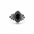 Silver elven themed ring with a black gemstone on a white background