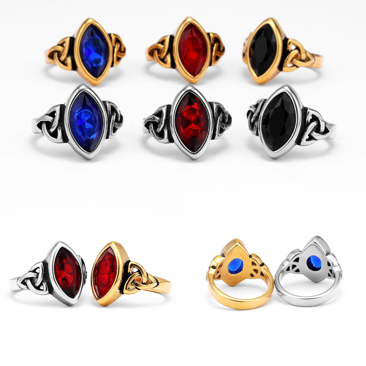Set of silver and gold rings with coloured gemstones in various designs on a white background