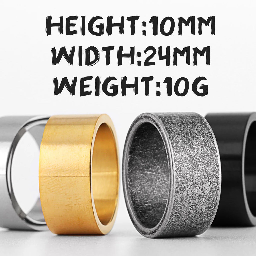Three simple and plain minimalistic rings in different colours with dimensions and weight text on a white background