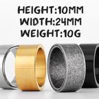 Three simple and plain minimalistic rings in different colours with dimensions and weight text on a white background