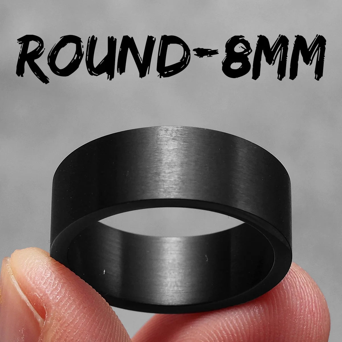 Black ring with 'ROUND-8MM' text on a grey background