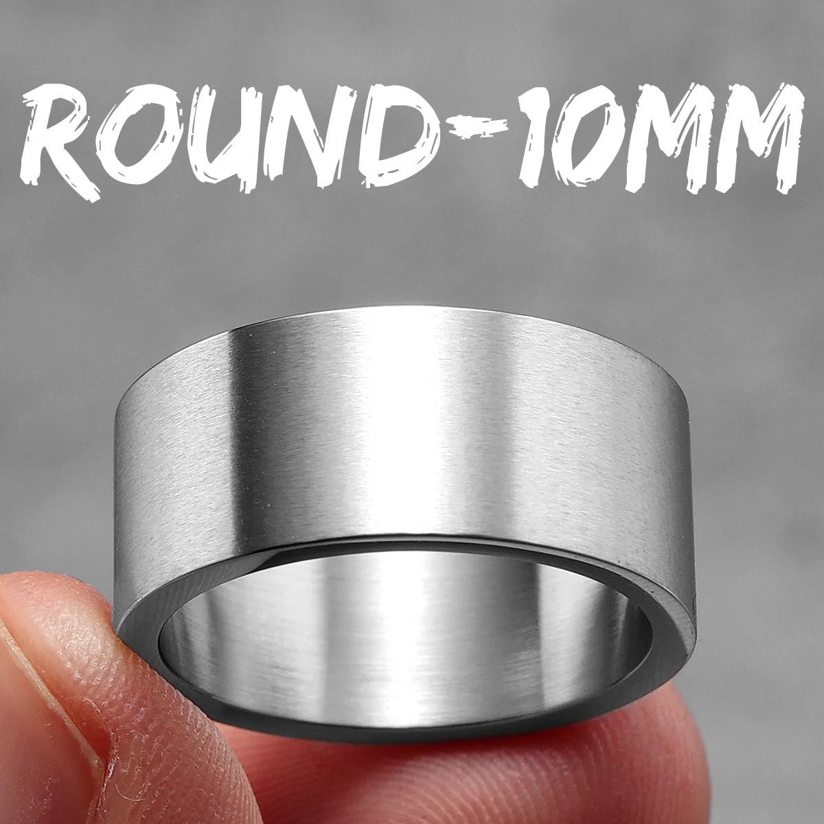 Metallic ring held between fingers with 'ROUND-10MM' text above on a grey background
