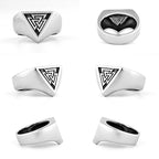 Set of silver signet rings with black valknut designs on a white background