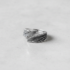 Silver feather-patterned ring on a light grey background