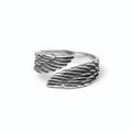 Silver stainless steel ring with feather design on a white background