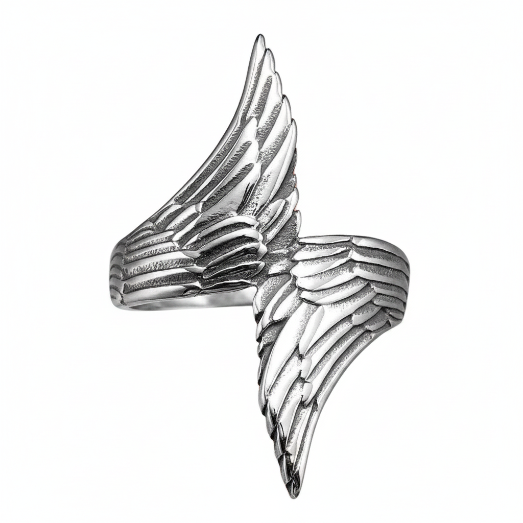 Silver stainless steel angel wing design on a white background