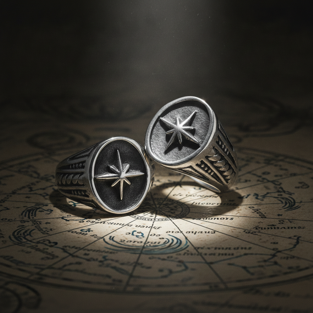 Two silver rings with star designs on an old map background with light shining down on it