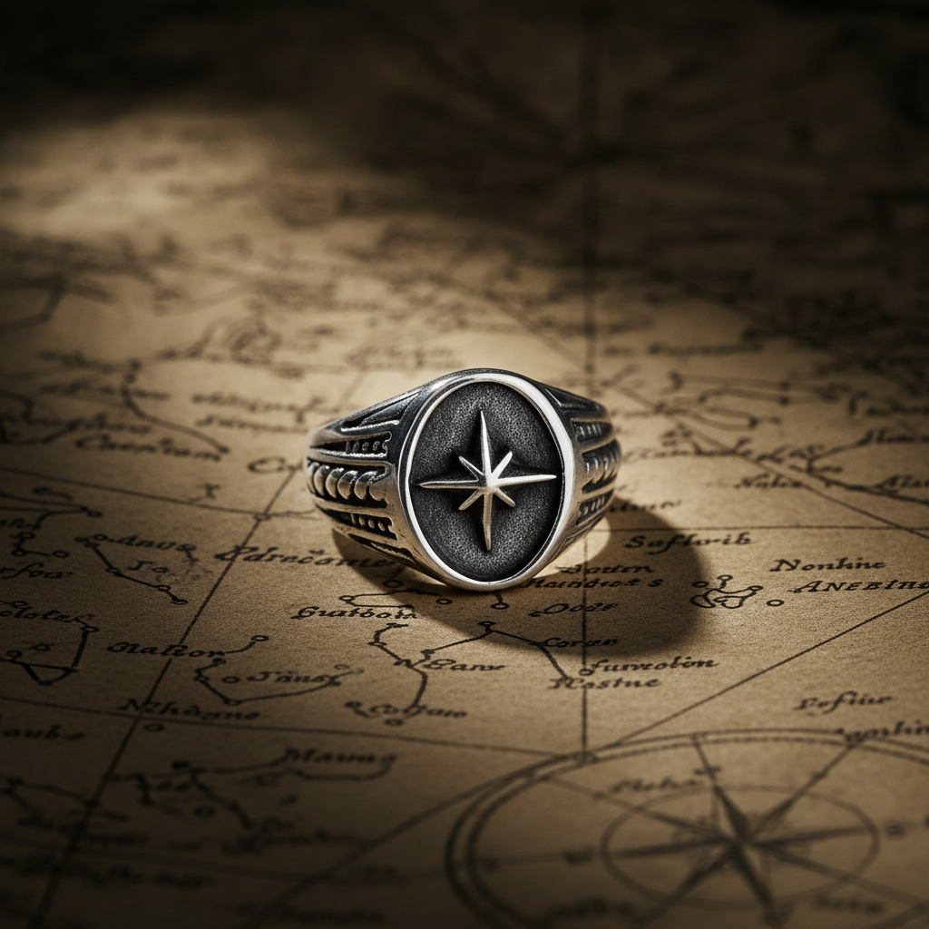 Silver ring with a star design on an old map background