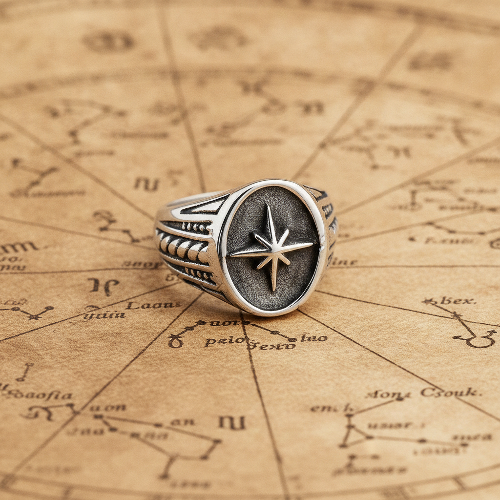 Silver ring with big star design on an astrological map background