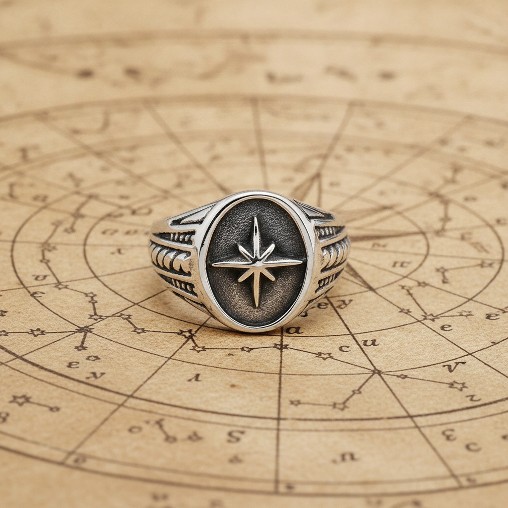 Silver ring with a star design on an astrological chart background