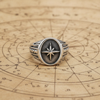 Silver ring with a star design on an astrological chart background
