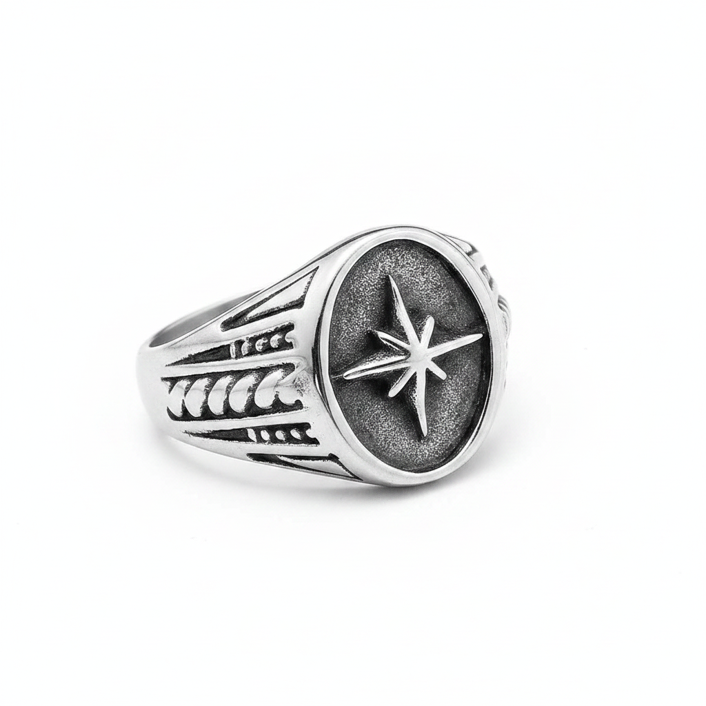 Silver ring with star design on a white background