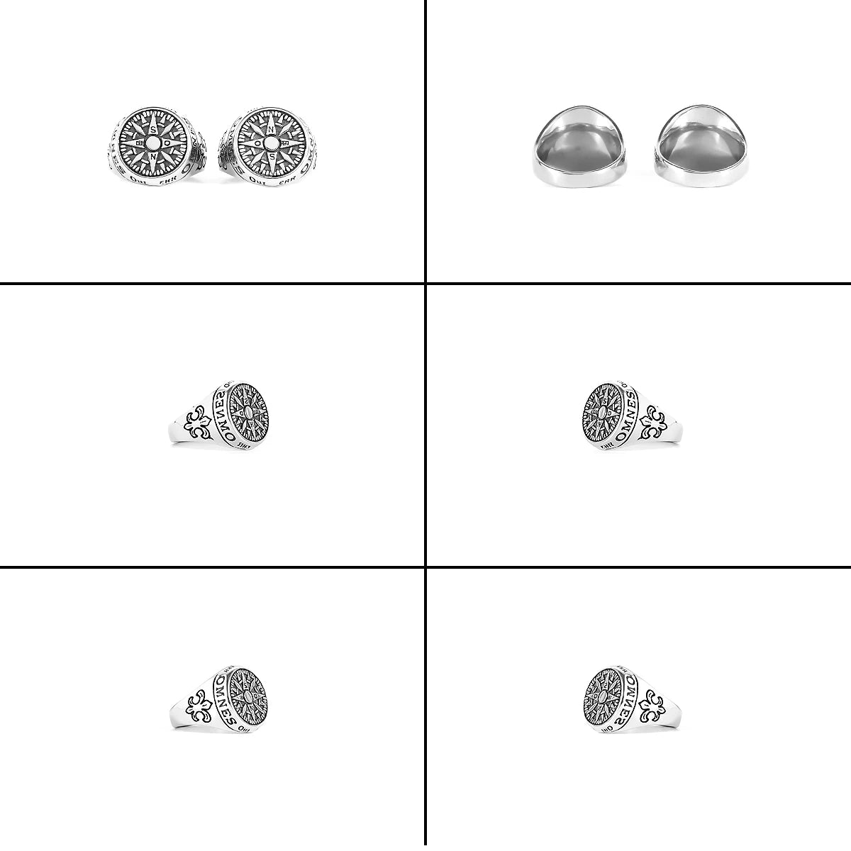Set of silver earrings displayed in a grid on a white background