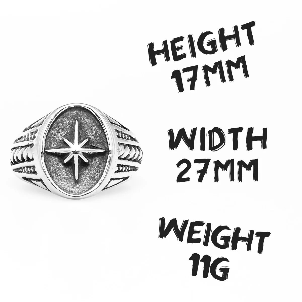 Silver ring with north star design and size measurements on a white background