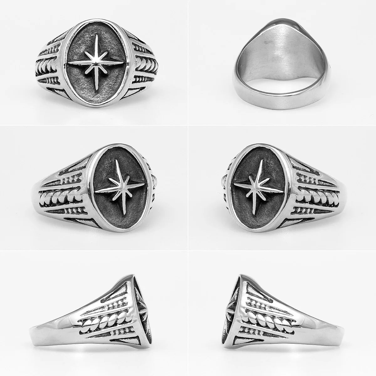 Set of six silver rings with star designs on a white background