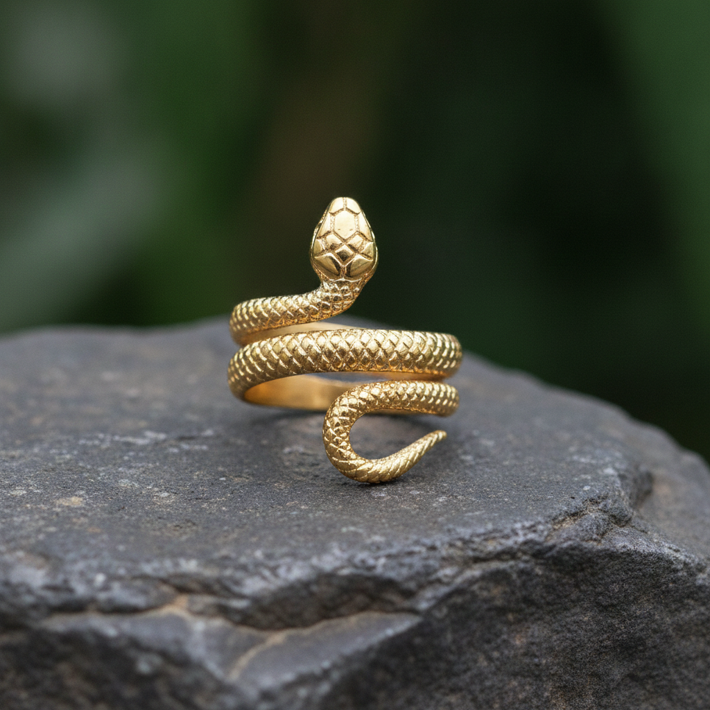 Gold snake-shaped ring on a dark stone surface with a blurred green background