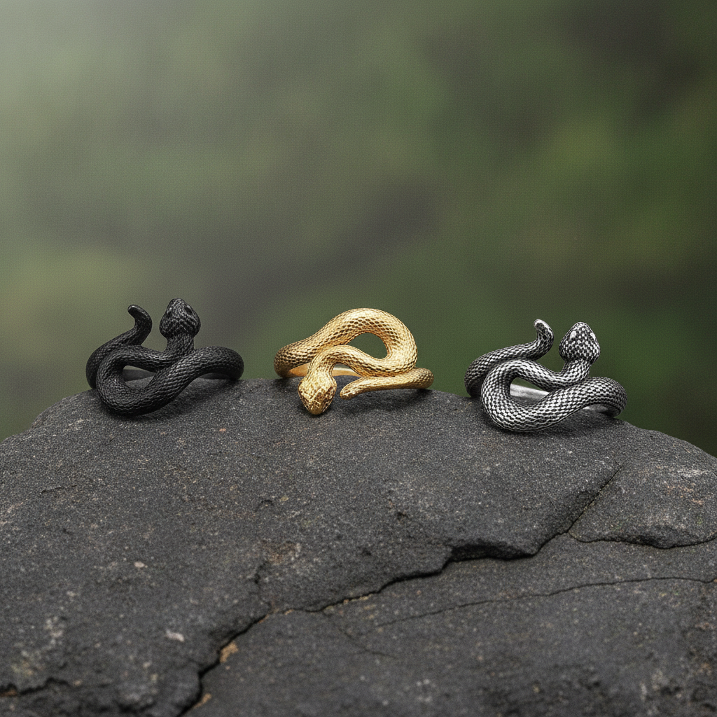 three snake and viper detailed shaped rings of gold, silver and black sitting on a dark grey rock with blurred green background