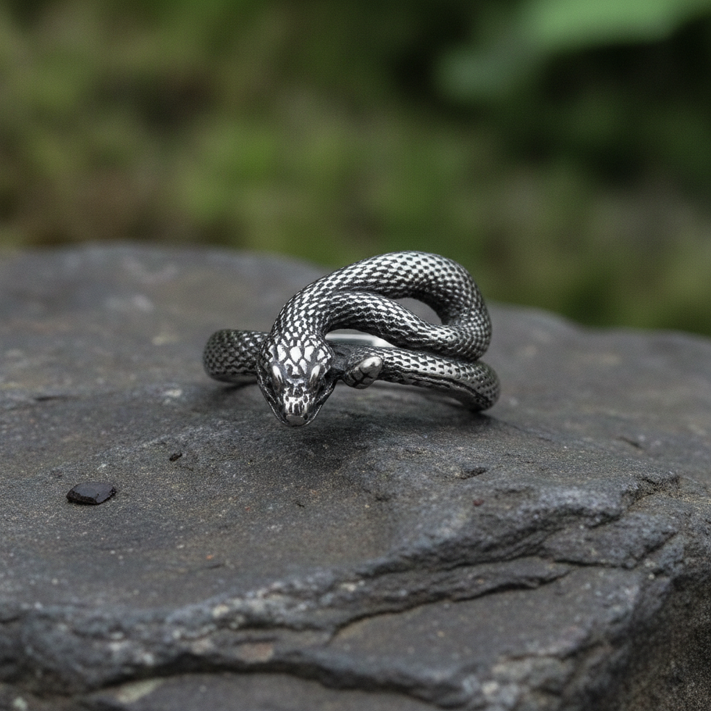 Silver snake-shaped ring on a dark stone surface with a blurred green background
