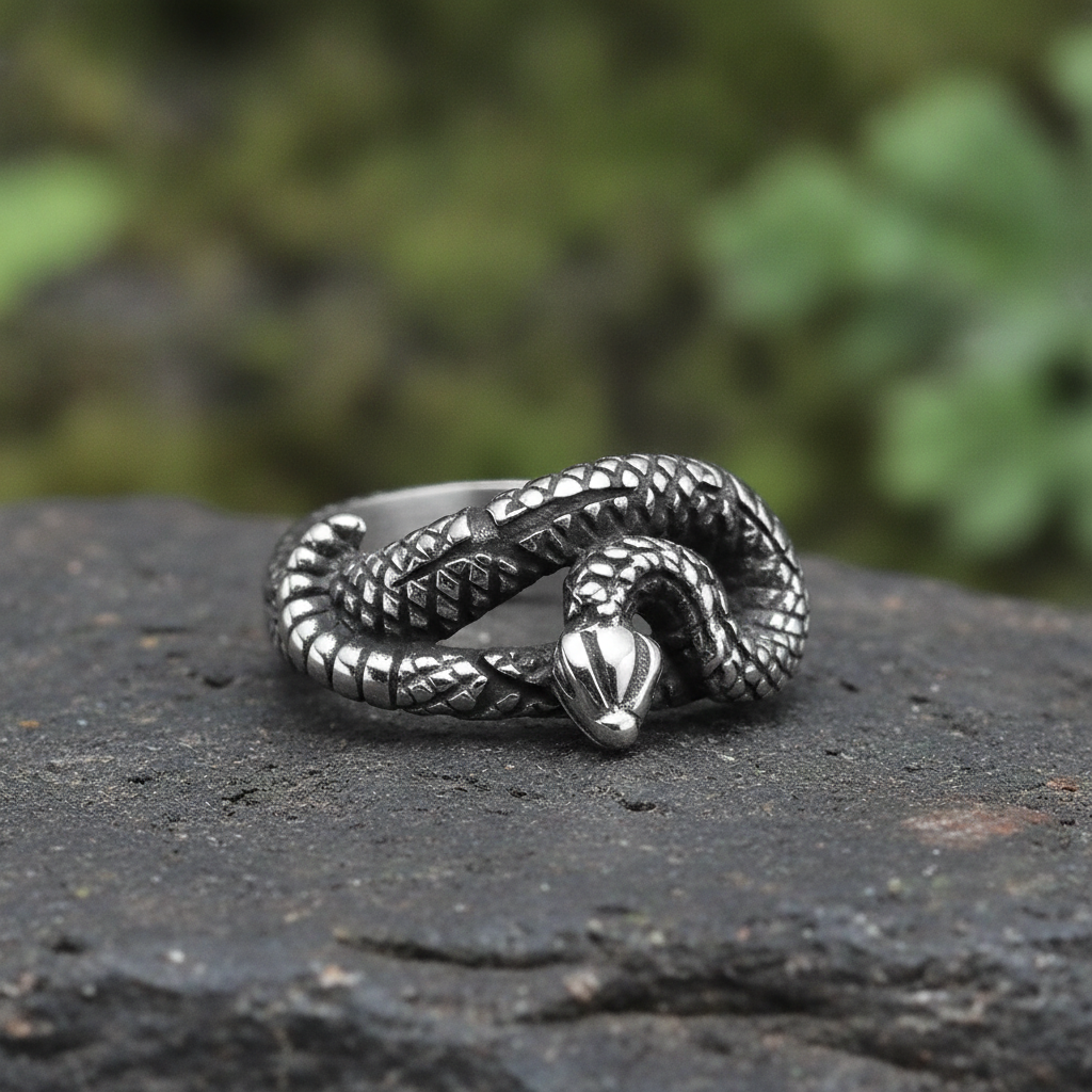 Silver snake-shaped ring on a dark surface with a blurred green background