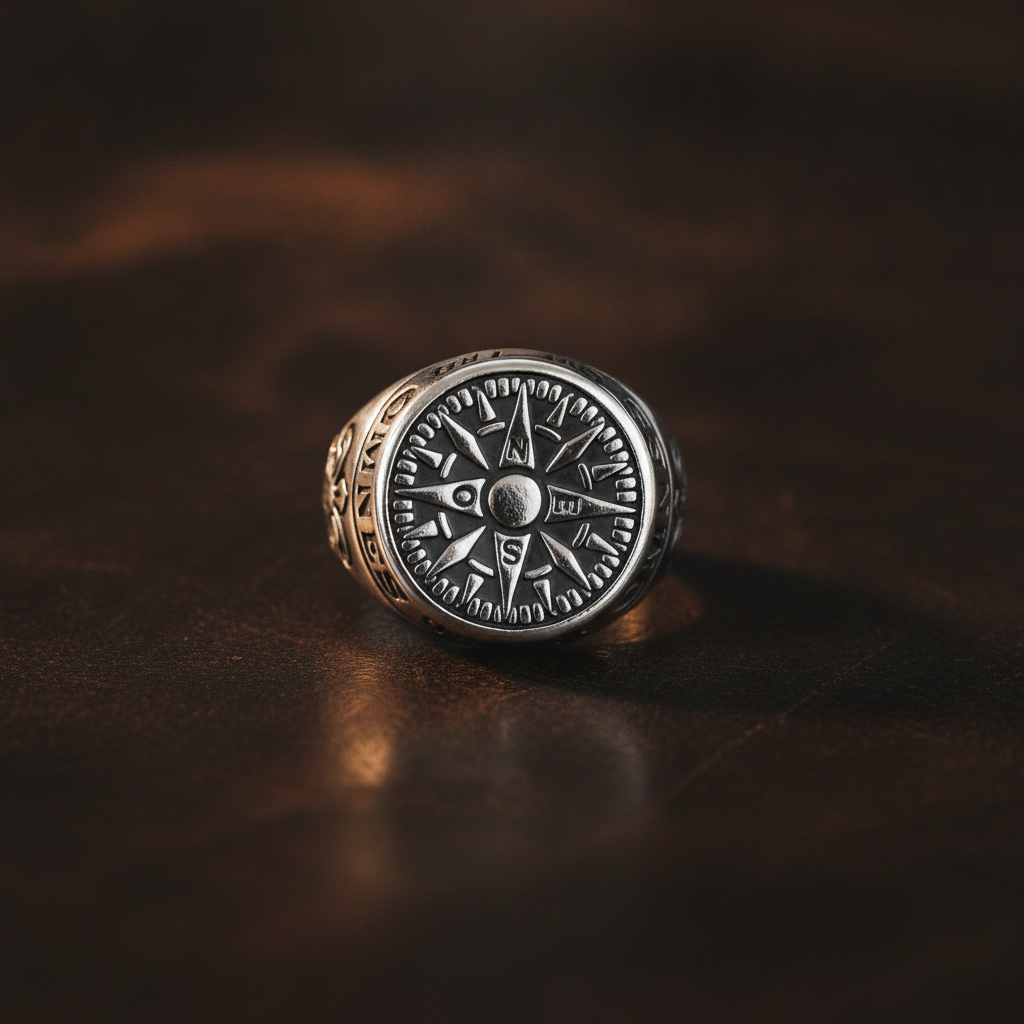 Silver ring with compass design on a dark brown leather surface