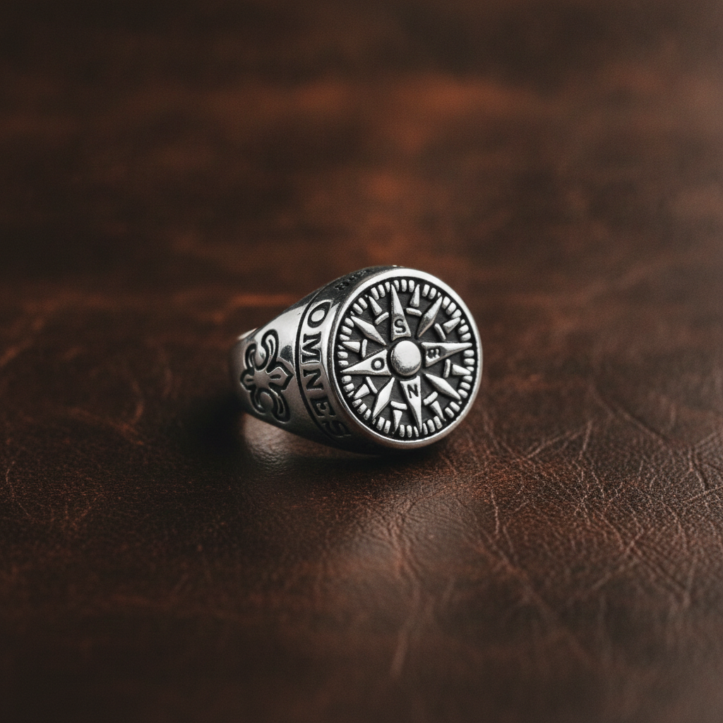 Silver ring with compass design on a brown leather background