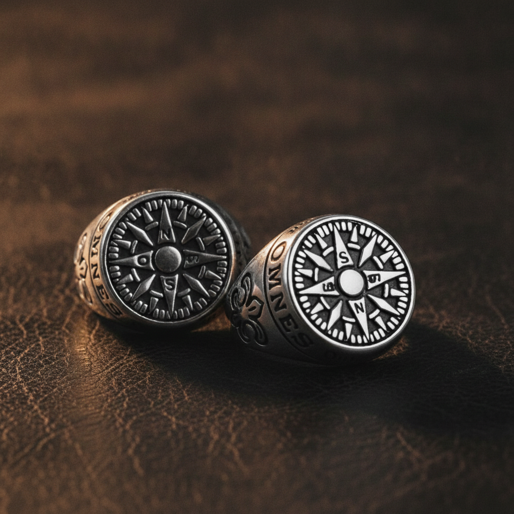 Two silver signet rings on a brown leather surface