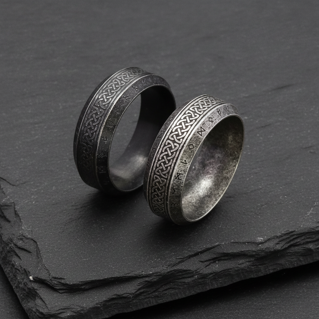Two silver rings with Celtic knot and Norse runic designs on a dark stone charcoal surface
