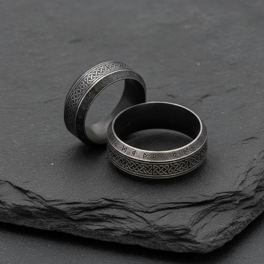 Two stainless steel rings with intricate Norse designs on a dark charcoal stone surface