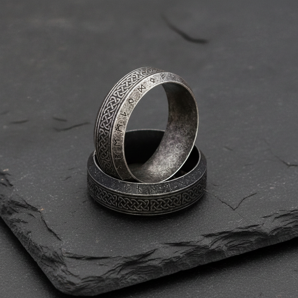 Two silver stainless steel rings with intricate Norse patterns on a dark stone surface