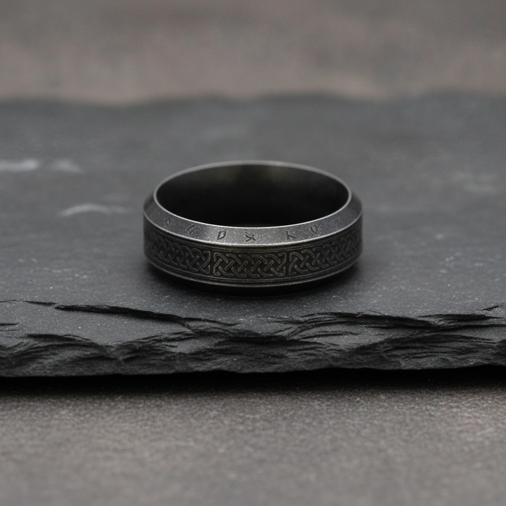 dark grey stainless steel ring with intricate Viking designs on a dark stone surface