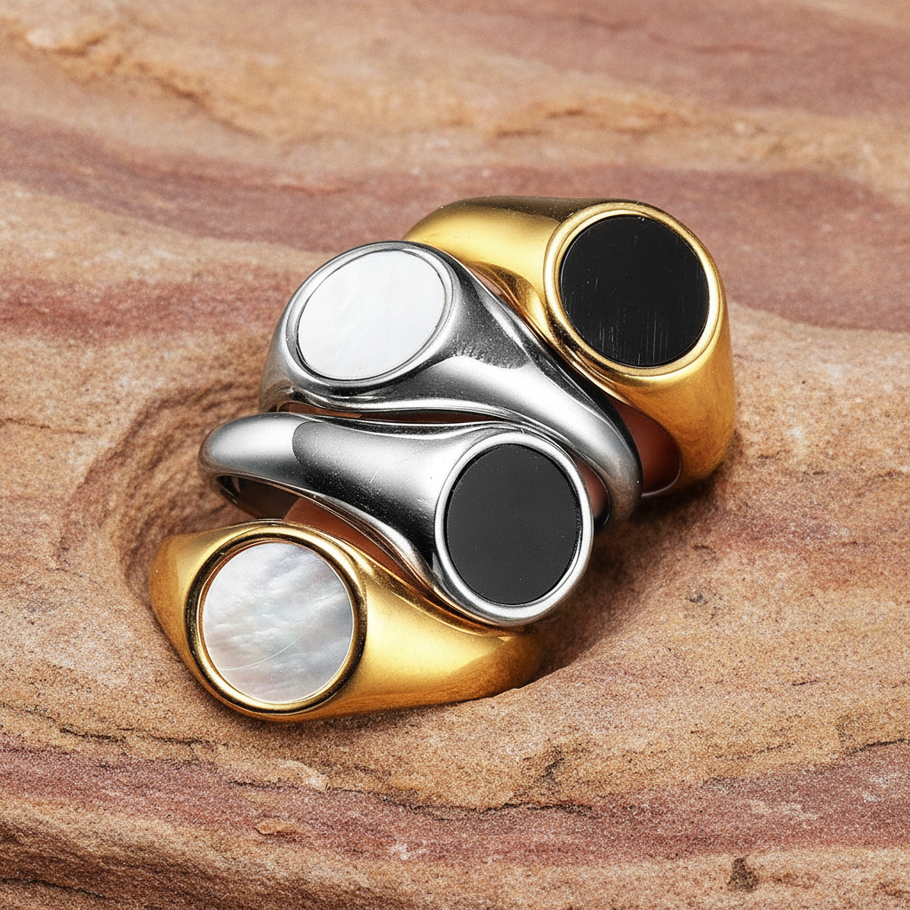 four rings in gold and silver with flat pearl aesthetic looks on a sandstone surface