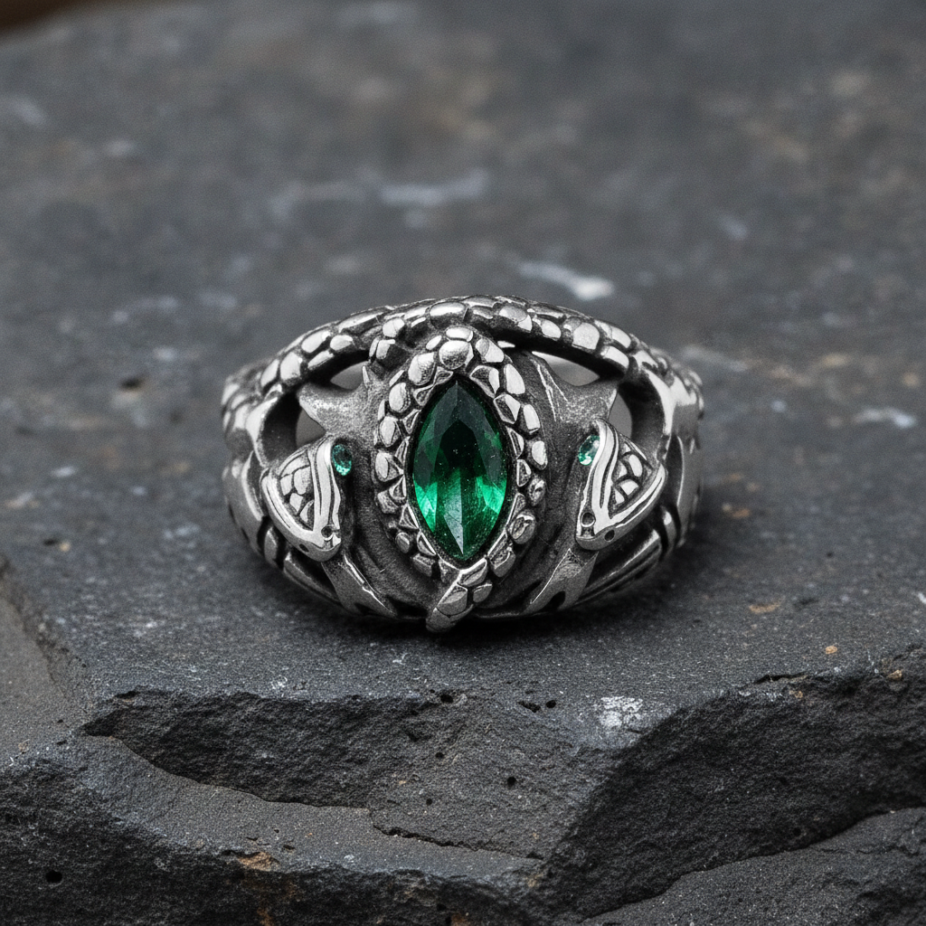 Silver ring with a green gemstone and twin serpent design on a dark basalt stone surface