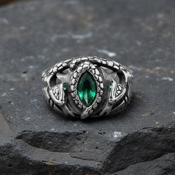 Silver ring with a green gemstone and twin serpent design on a dark basalt stone surface