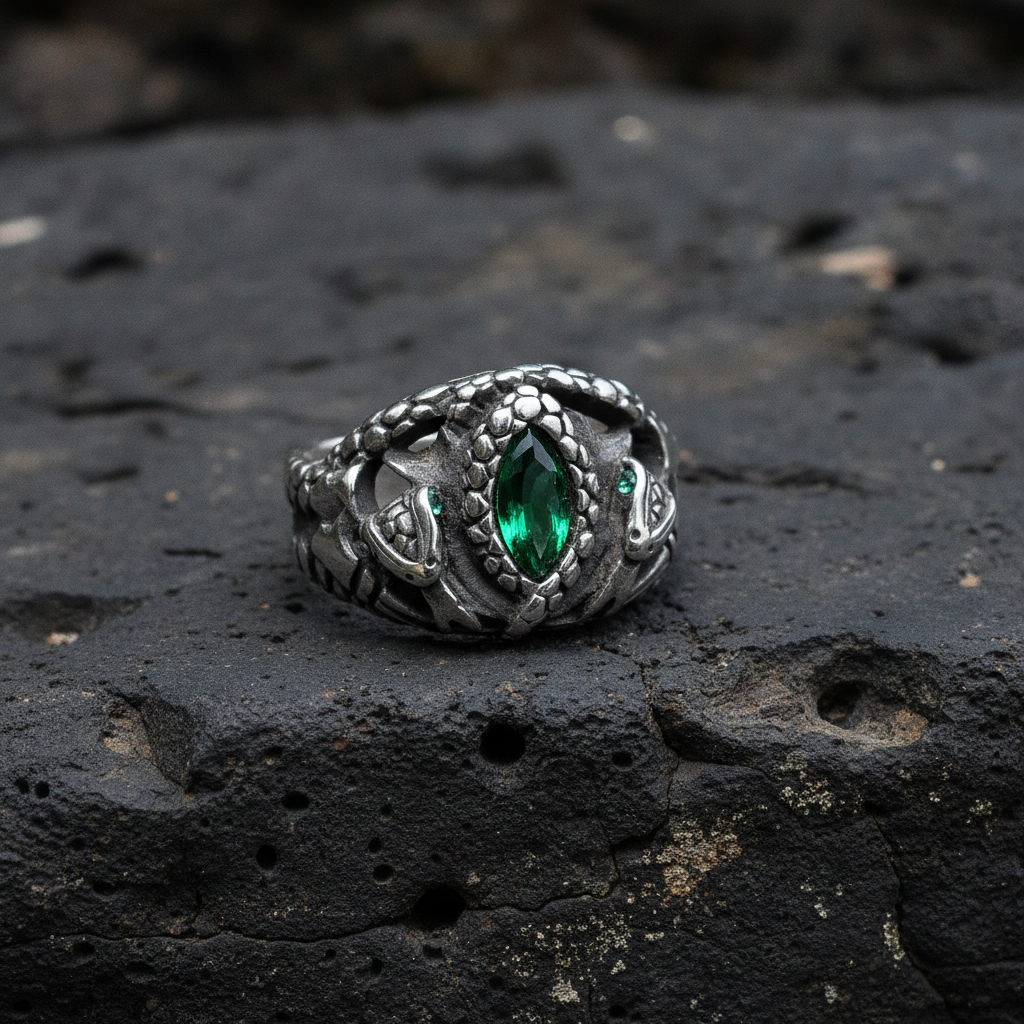 Silver ring with a green gemstone and twin serpent design on a dark basalt stone surface