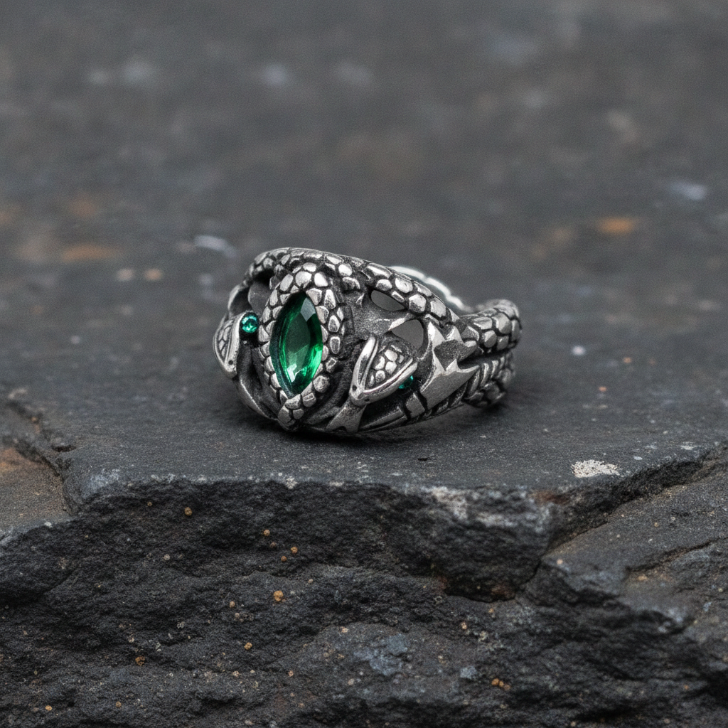 Silver ring with a green artificial gemstone and twin serpent design on a dark basalt stone surface