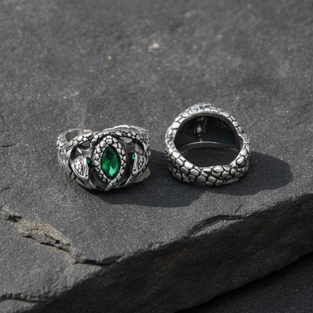 Two silver rings with green gemstones on a dark stone surface