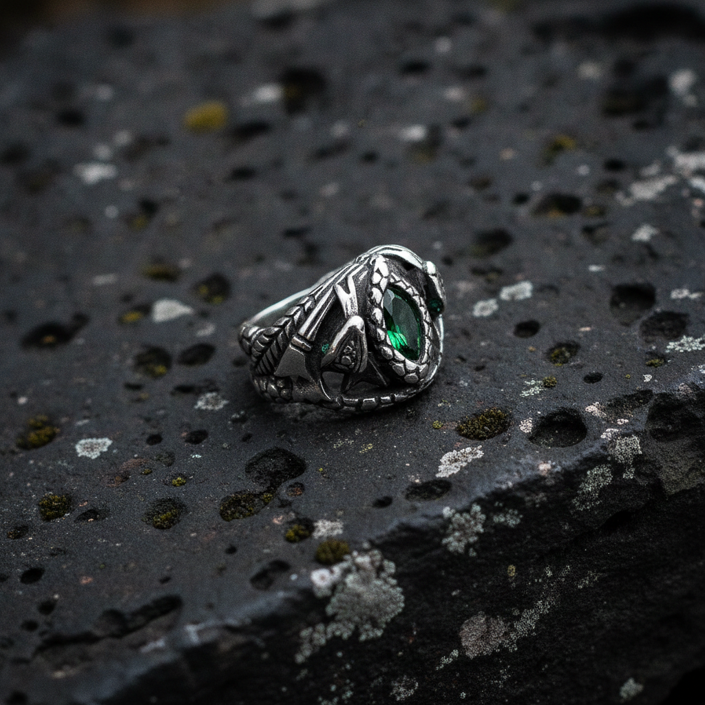 Silver snake ring with green gemstone on a textured black surface