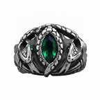 Silver serpent's ring with green gemstone on a white background