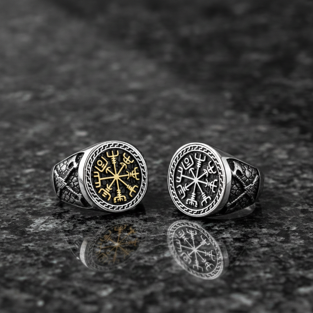Two silver Viking signet rings with a intricate Vegvisir design on a dark grey granite stone surface