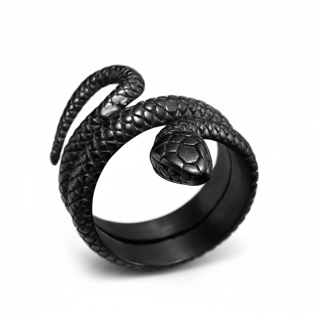 Black snake-shaped ring on a white background